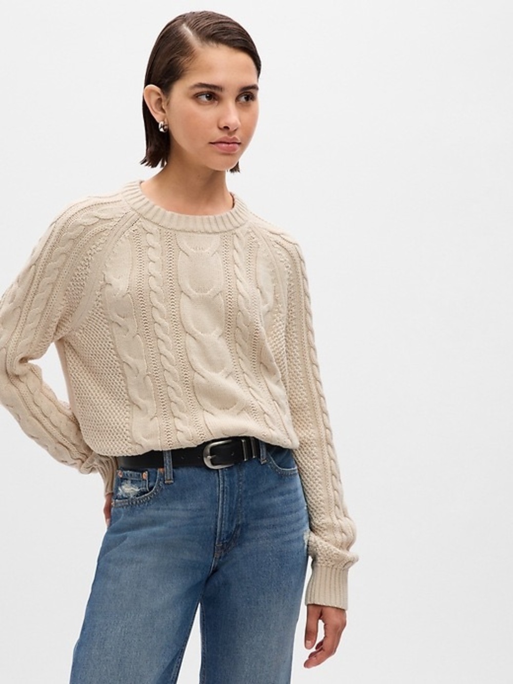 NWOT GAP Cable Knit Fisherman Sweater 100% Cotton Beige Size S